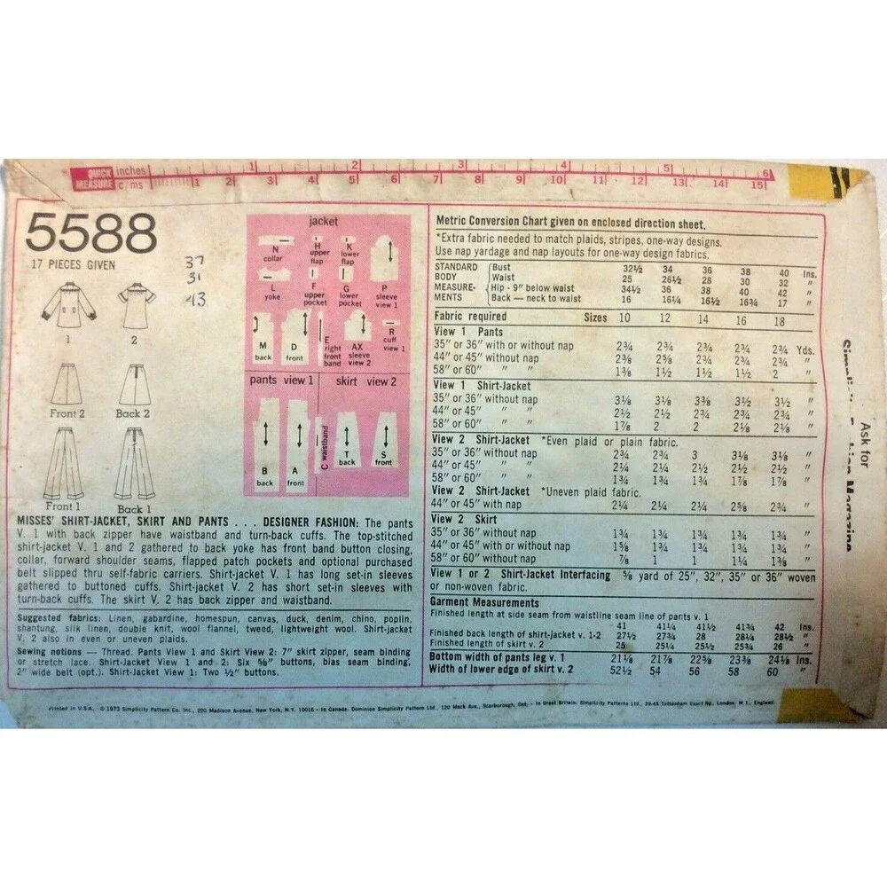 VTG 1973 Simplicity Sewing Pattern Misses Shirt-Jacket Skirt Pants Size 14 #5588
